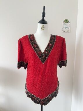 Vintage Lawrence Kazar Red Beaded Top Gold Bow Embellished V-Neck Blouse XL NWT